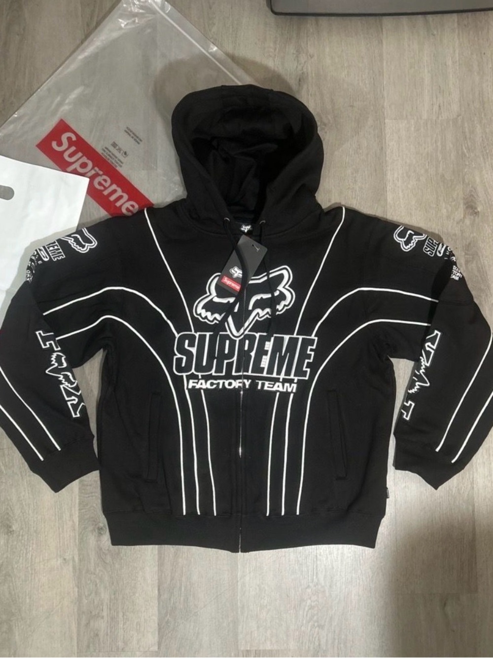 Supreme Black Hoodie Jacket with White Piping & Logo